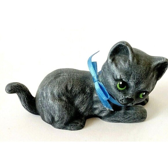 Spooky Black Kitty Cat Figurine Boy Kitten Green Eyes Blue Bow Small Halloween - Picture 7 of 7